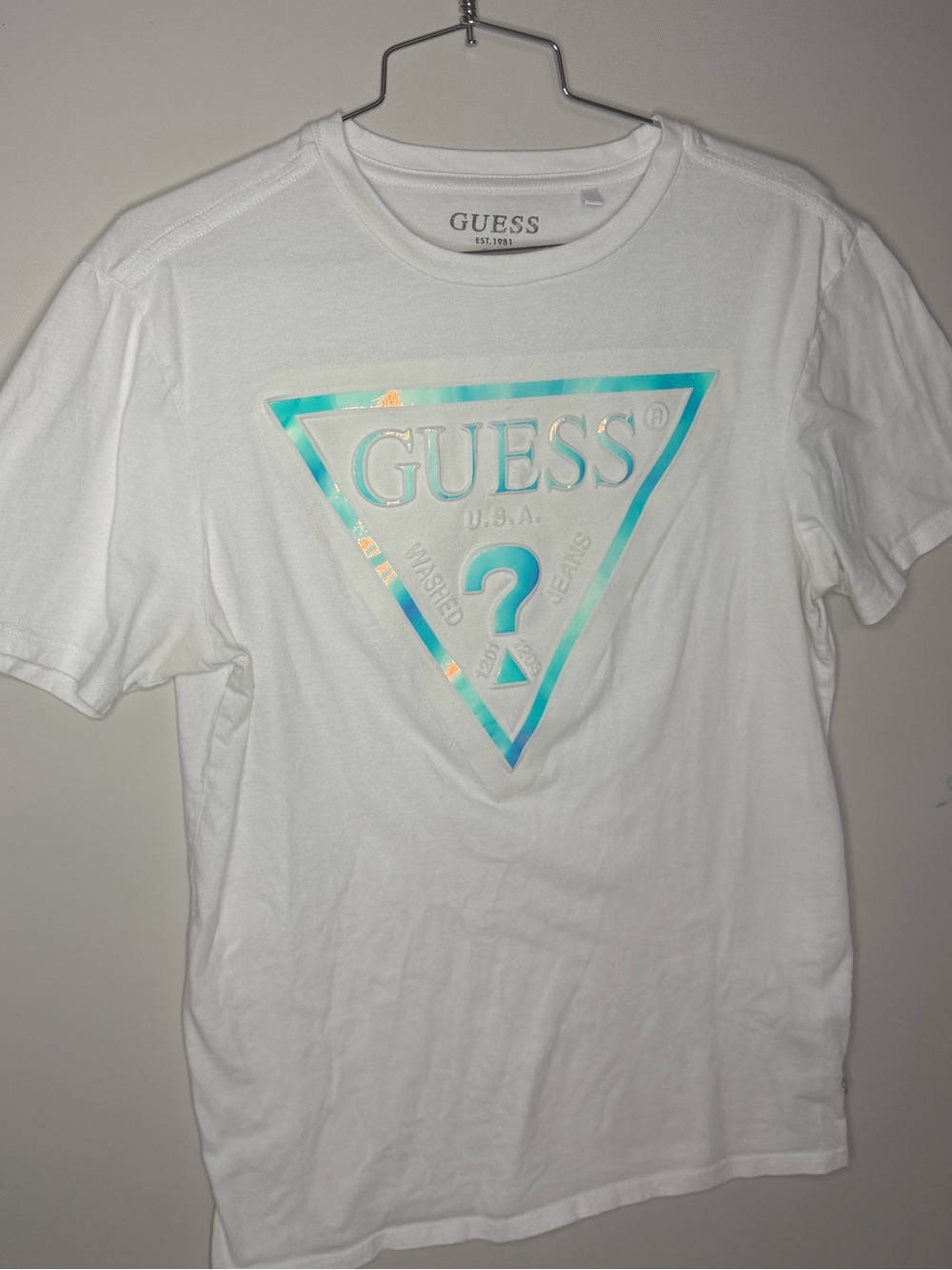 GUESS White Short-Sleeve Tee with Iridescent Teal Triangle Logo